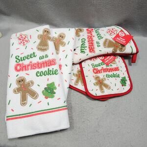 Sweet As A Christmas Cookie - Christmas Kitchen Towel, Potholders Mitten 5pc Set